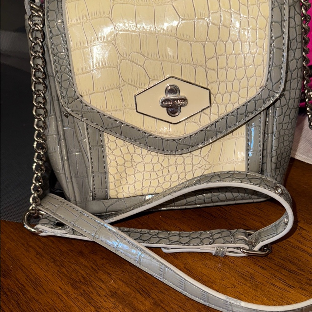 Nine West Cream and Gray Croc-Embossed Crossbody Bag